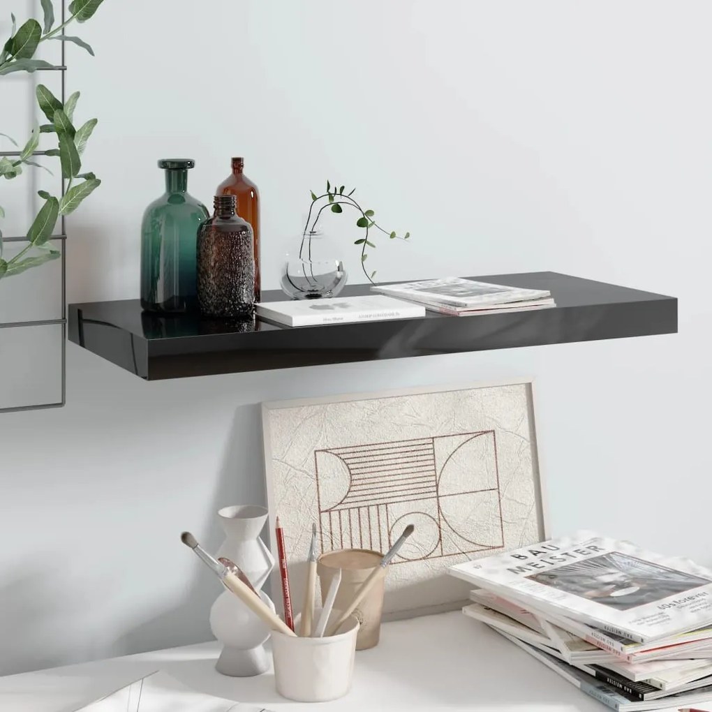 magasfényű fekete MDF lebegő fali polc 60 x 23,5 x 3,8 cm