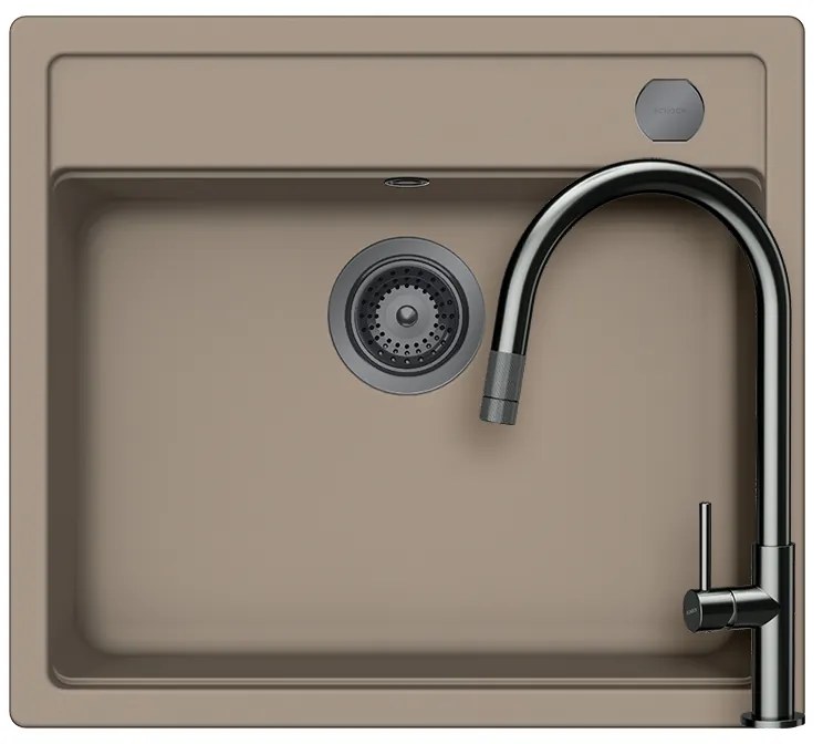 Schock Mono N-100 konyhai mosogatótálca 570 x 510 mm Cristadur Twilight, taupe szürke és szűrőkosár, távműködtető gomb, túlfolyó takaró és Schock Talia konyhai csaptelep kihúzható fejjel Gunmetal