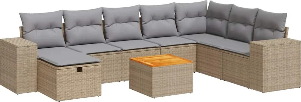 vidaXL 9 részes bézs polyrattan kerti ülőgarnitúra párnákkal