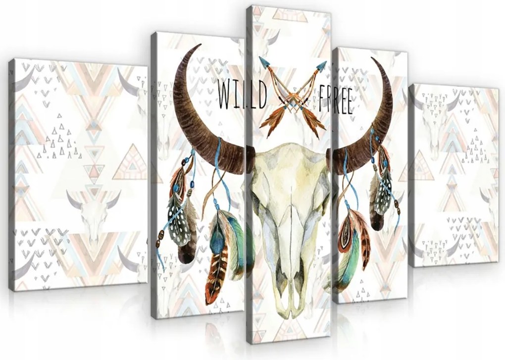 Vászonkép 170x100 moduláris triptichon keret nélkül bika koponya toll etno boho
