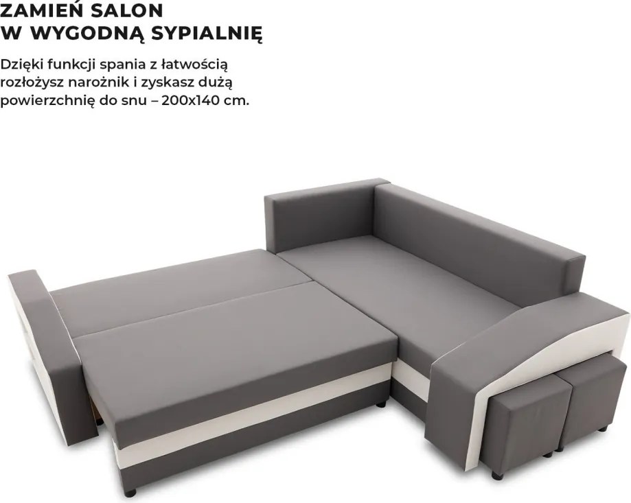 Grande sarokkanapé polcokkal és puffokkal , polc a bal karfaban puffok a jobb karfaban, jobboldali, szövet anyag, bonell töltet, szürke - fehér