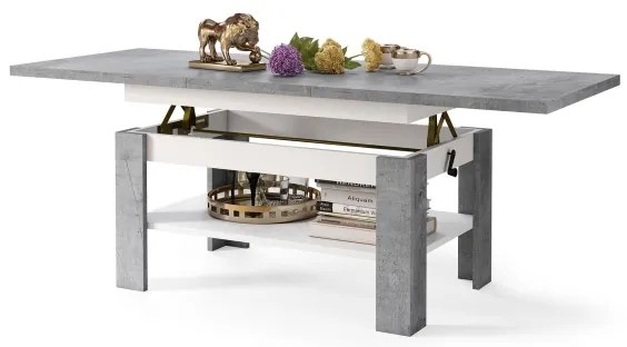 Bővíthető dohányzó-/étkezőasztal emelhető asztallappal ROY betonszürke/fehér