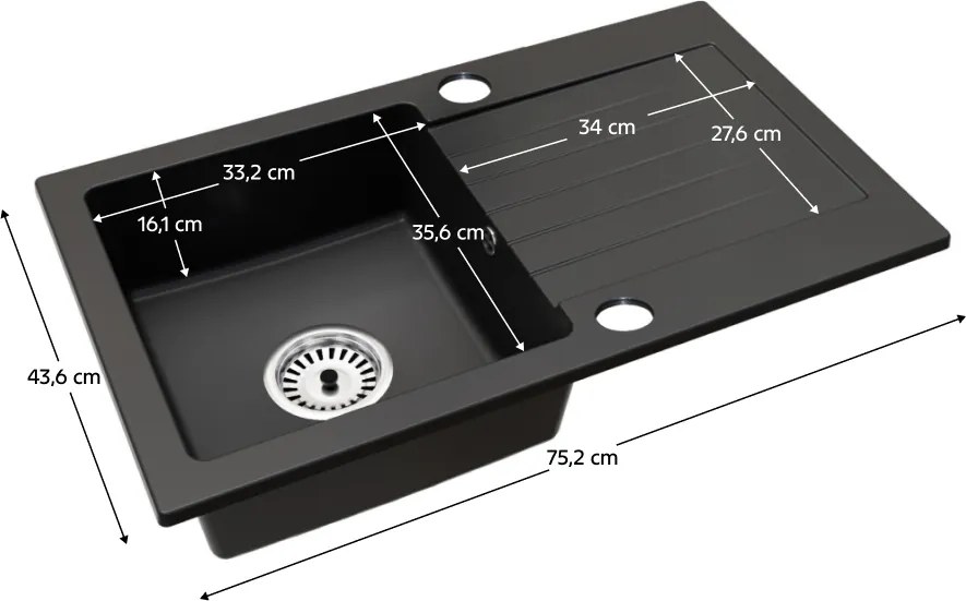 Gránit mosogató szifonnal és csepegtető felülettel, univerzális, fekete, 75,2x43,6, NOEL