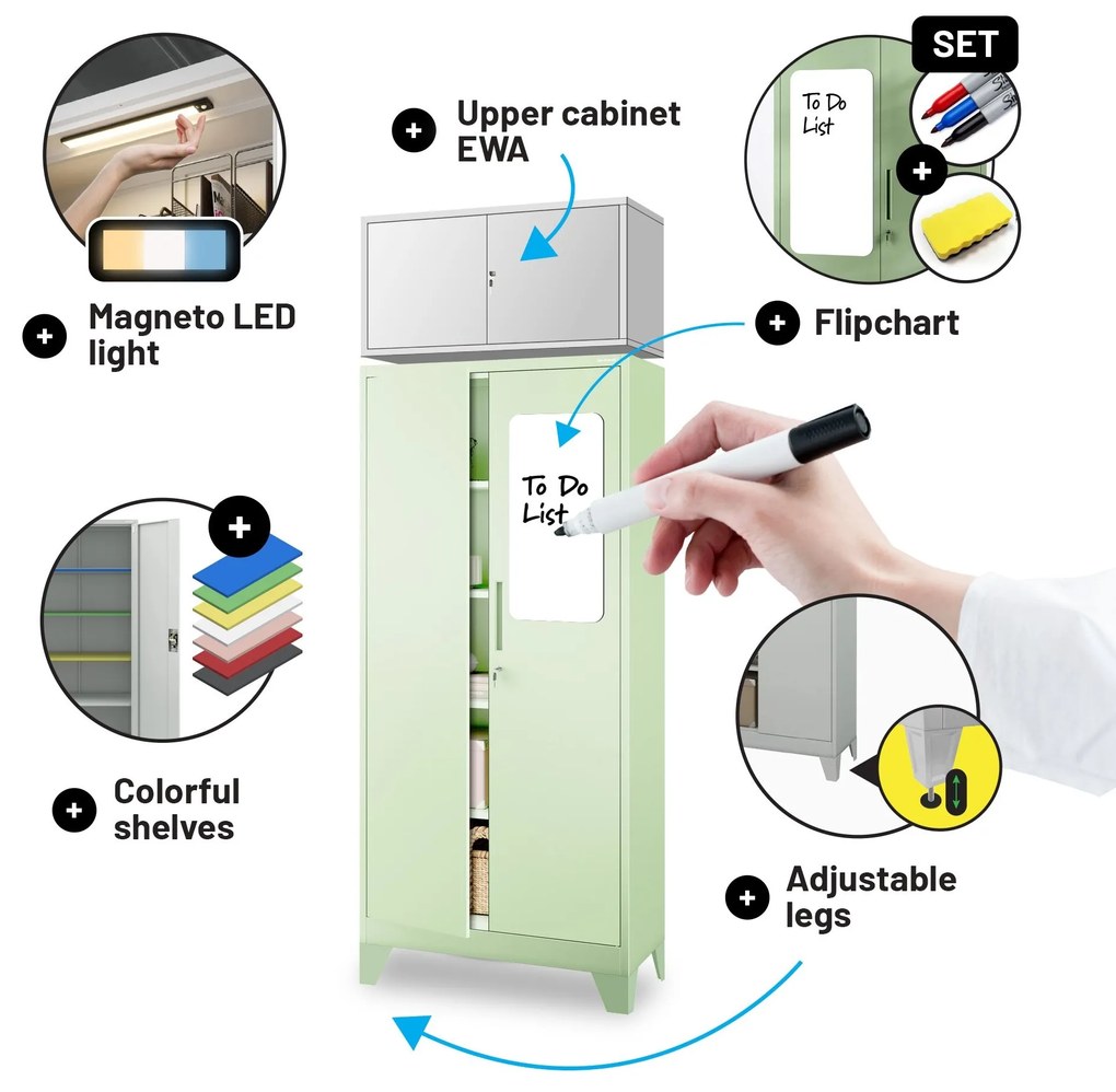 Kétajtós szekrény polcokkal JAN H, 900 x 1950 x 400 mm, Fresh Style: pasztellzöld
