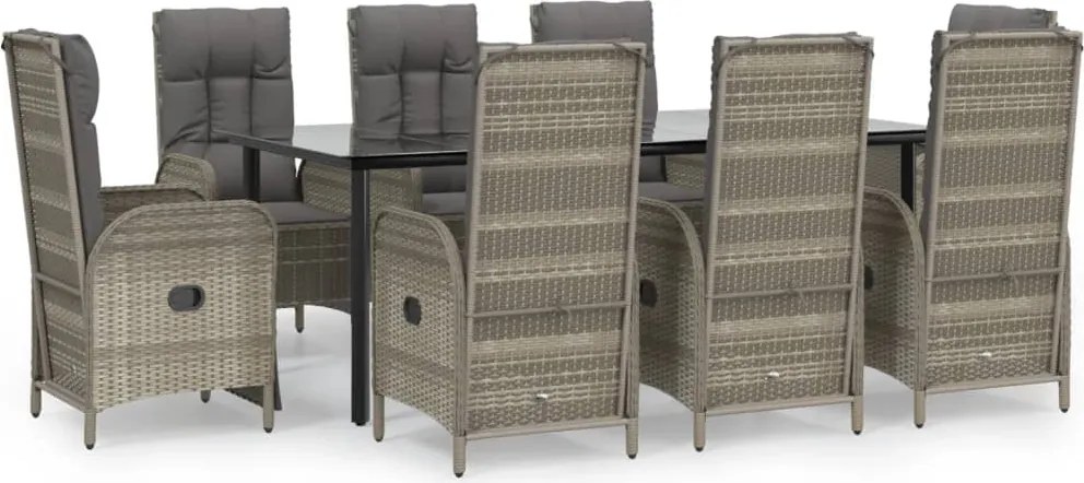 vidaXL 9 részes fekete és szürke polyrattan kerti étkezőszett párnával