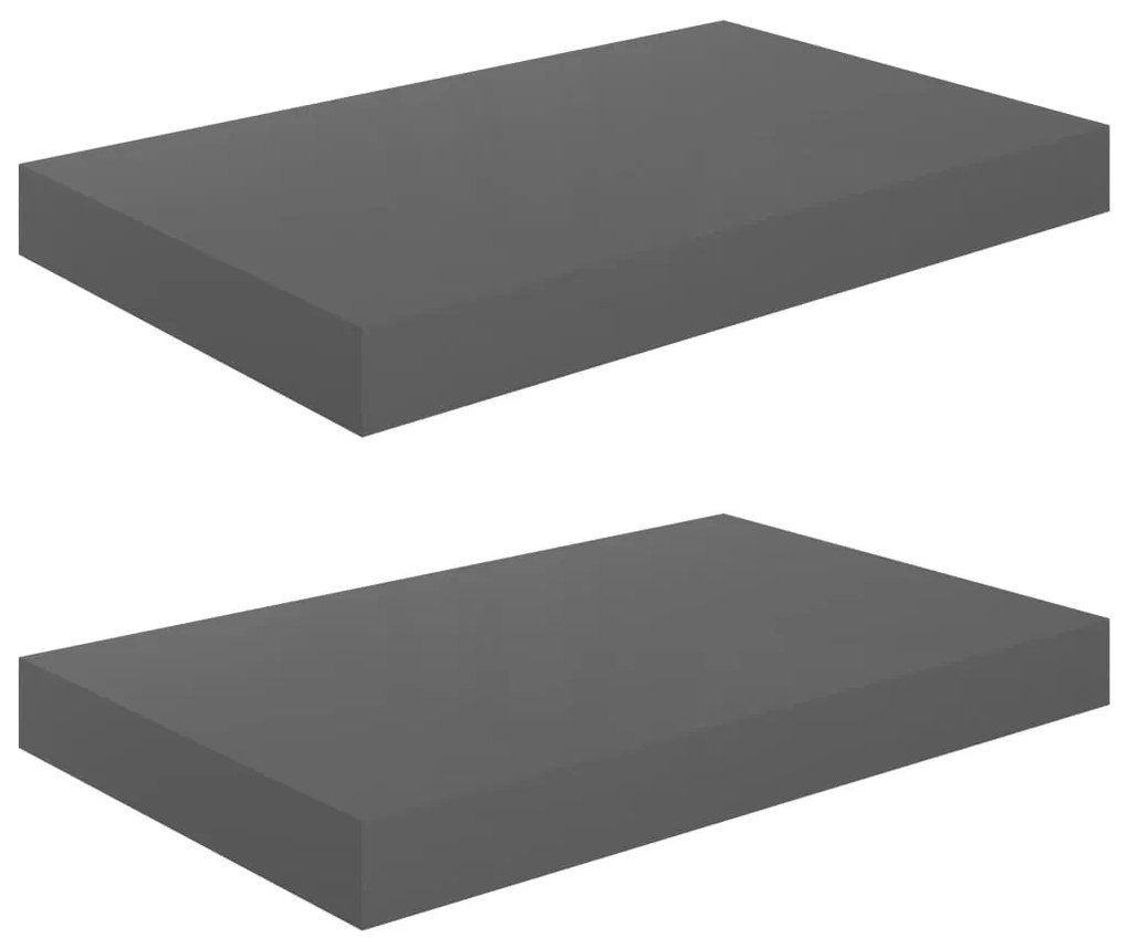 2 db magasfényű szürke MDF lebegő fali polc 40 x 23 x 3,8 cm