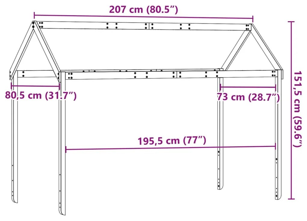 fehér tömör fenyőfa gyerekágytető 207 x 80,5 x 151,5 cm