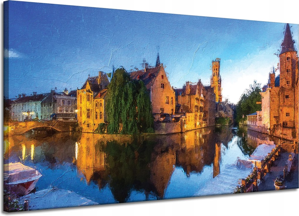 Vászonkép Folyó Város Este Olaj Stílus 120x70 cm