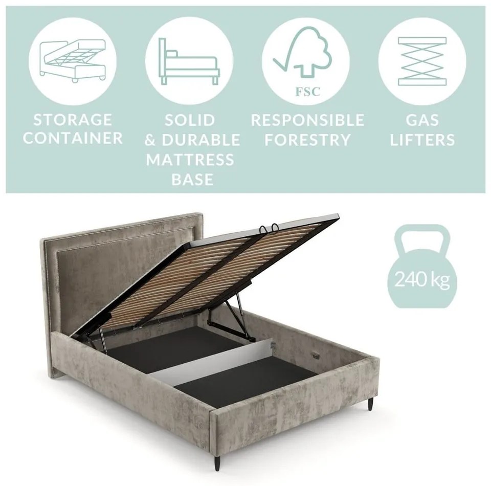 Bézs kárpitozott ágyneműtartós franciaágy ágyráccsal 140x200 cm Baleine – Maison de Rêve