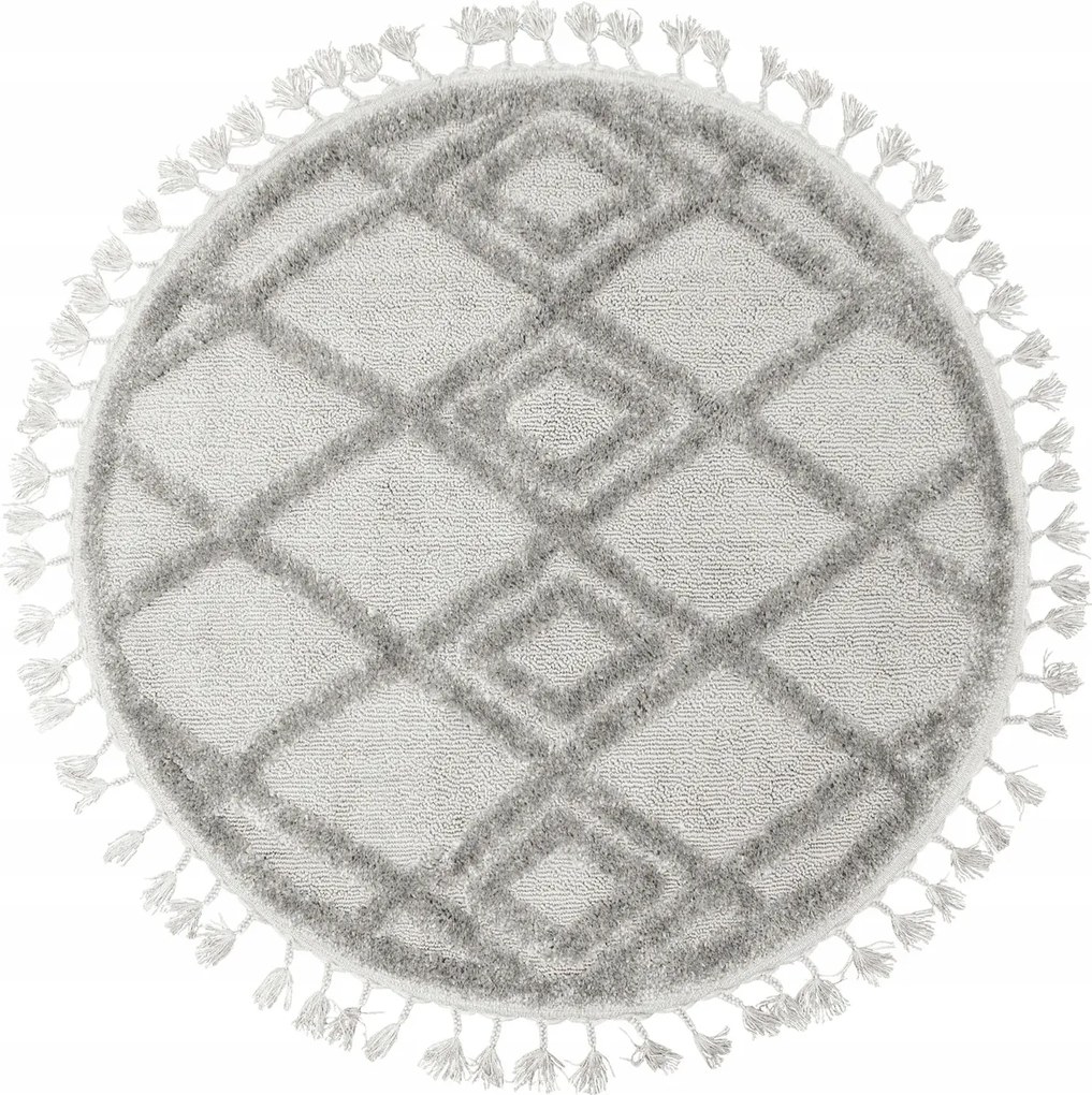 Kerek Szőnyeg Világos Szürke Rombusz 3D Boho Stílus Nappaliba Berber átm. 133 cm