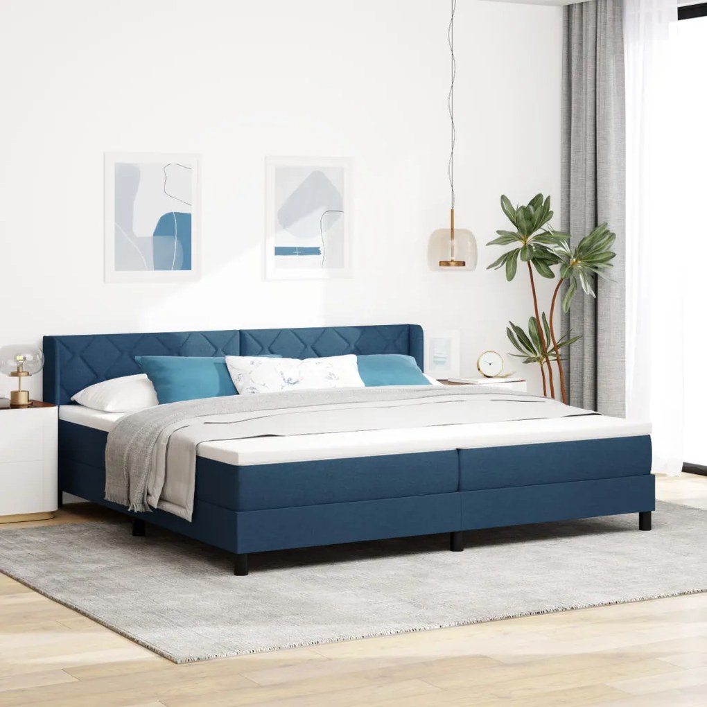 Boxspring ágy matraccal, kék színben, 200cm x 200cm, szövet.
