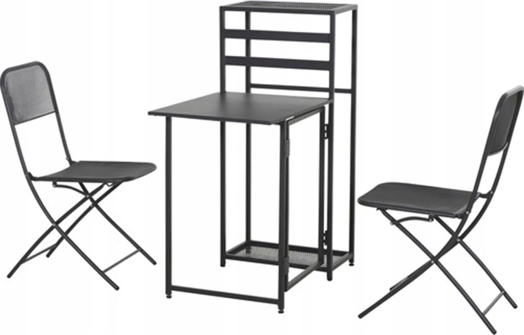 Erkélygarnitúra, 2 személyes, asztal, 2 szék, alumínium, összecsukható, teherbírás 110 kg