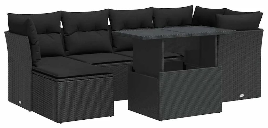 7 részes fekete polyrattan kerti ülőgarnitúra párnával