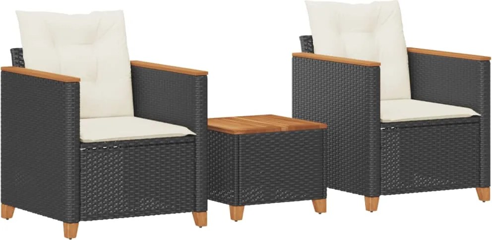 vidaXL 3 részes fekete polyrattan és akácfa bisztrószett párnákkal