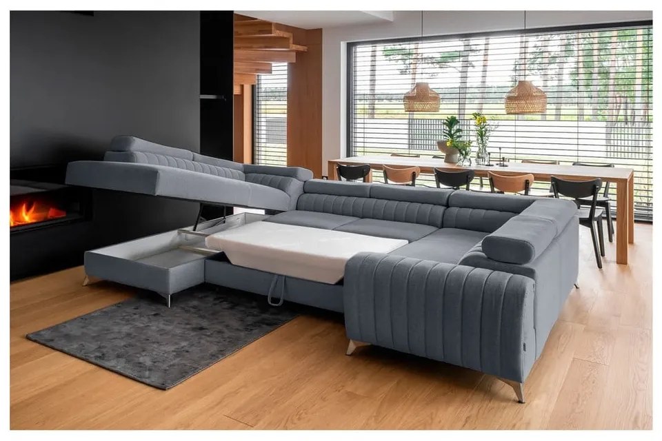 Kék kinyitható-tárolóhelyes sarokkanapé (bal oldali-U alakú) Louis – ELTAP