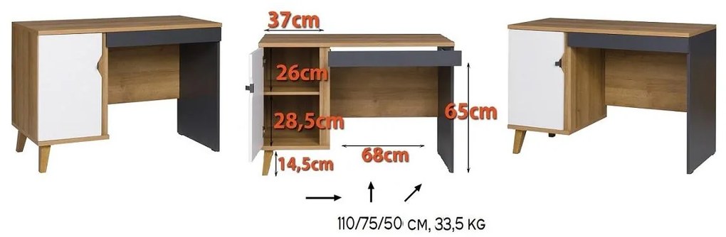 PC asztal Mimone PC (arany tölgy + matt fehér + grafit). Akció -15%. 1051786