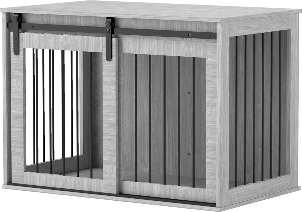 PawHut Kutya Ketrec Otthonra, Zárható Kutya Ház Bejárattal, Kutya Ketrec Tolóajtóval, Nagy Kutya Háza 30 kg-ig, Szürke, 98 x 58 x 61 cm | Aosom