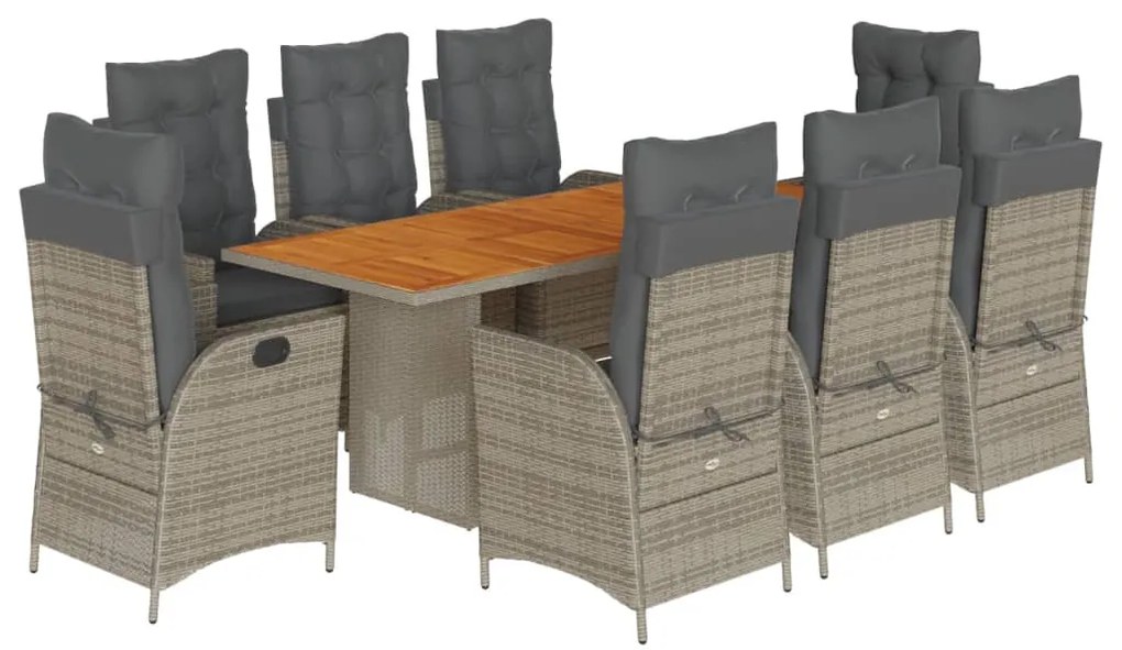 9 részes szürke polyrattan kerti étkezőgarnitúra párnával
