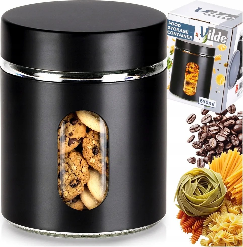 Fekete konyhai üvegedény ömlesztett termékekhez légmentesen záródó 650 ml