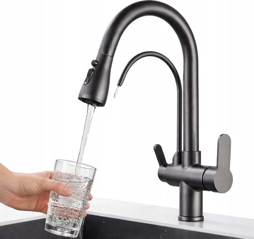 Krunn Konyhai Csaptelep Kihúzható flexibilis kifolyócső háromutas szűrő Grafit