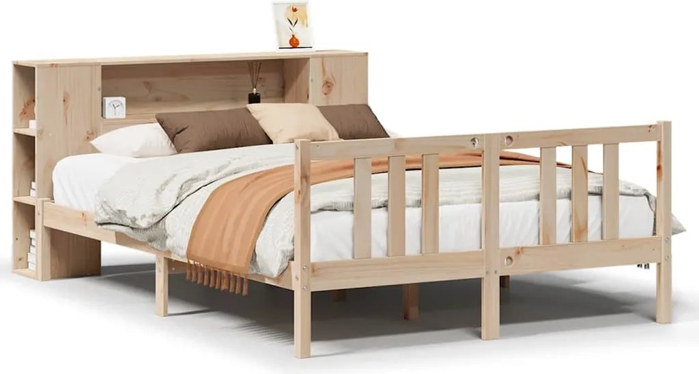 vidaXL tömör fenyőfa könyvespolcos ágy matrac nélkül 135 x 190 cm