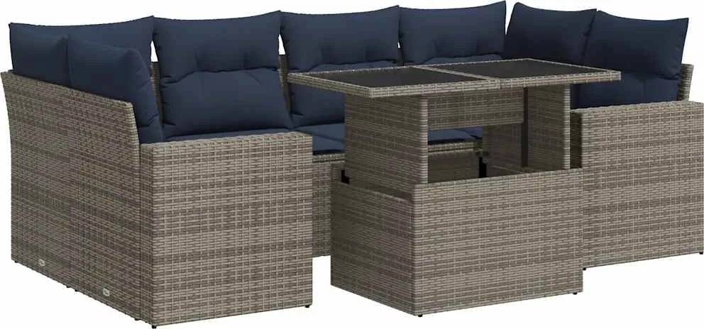 vidaXL 7 részes szürke polyrattan akácfa kerti ülőgarnitúra párnákkal