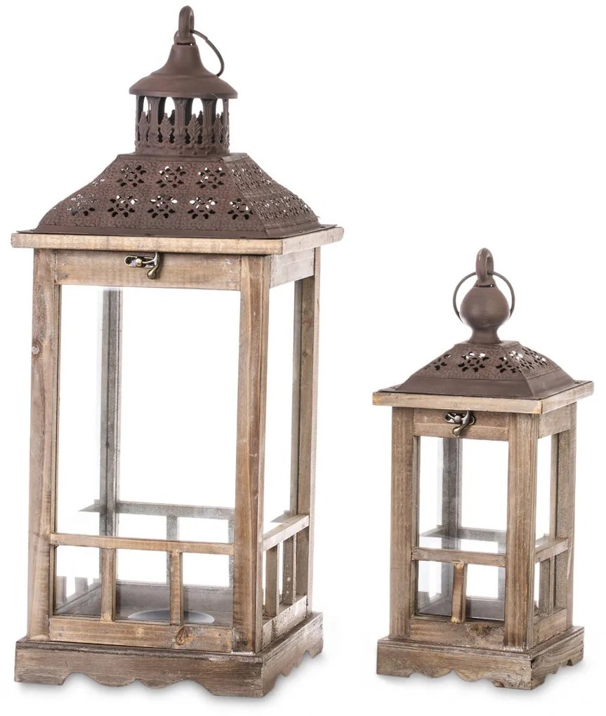 Barna vintage üvegezett fa 2db-os mécsestartó karácsonyi lámpás lantern szett fém tetővel 60x23x23 / 40x15x15cm