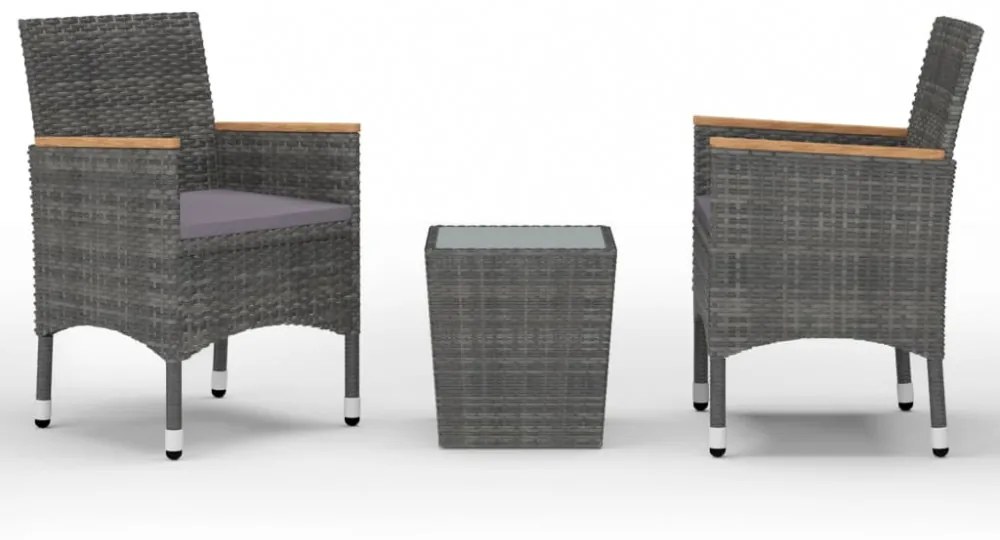 3 részes szürke polyrattan és edzett üveg bisztrószett