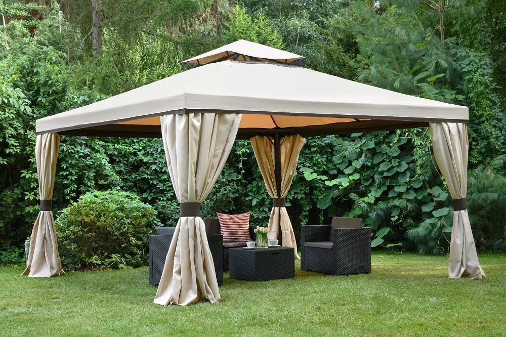 Valencia Garden Point 4x4 m-es krémszínű kerti pavilon függönyökkel