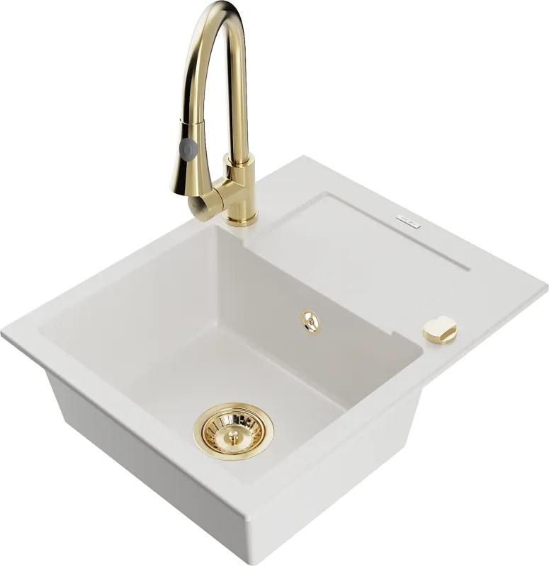 Mexen Enzo gránit mosogató 1-medencés csepptálcával és Elia konyhai csapteleppel, fehér - 6506-20-670101-50