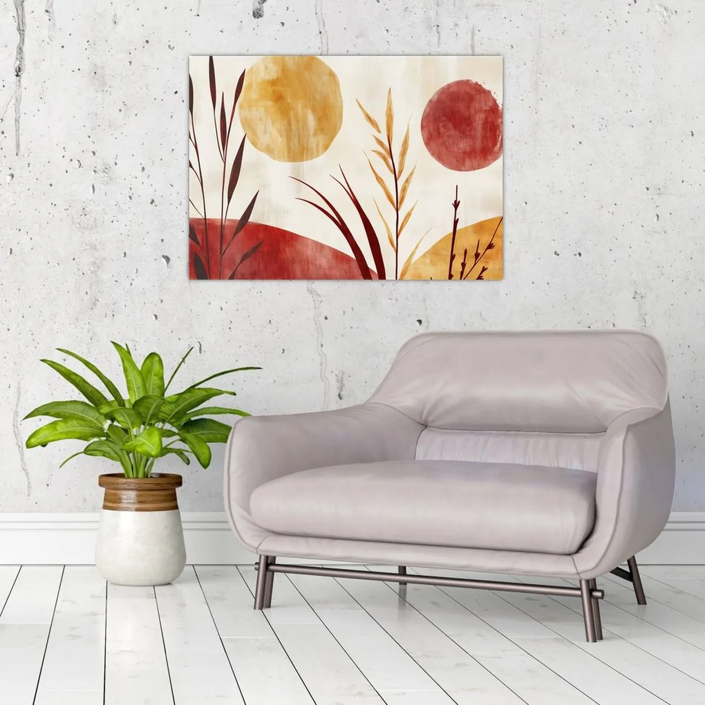 Üveg kép - Növények és körök (70x50 cm)