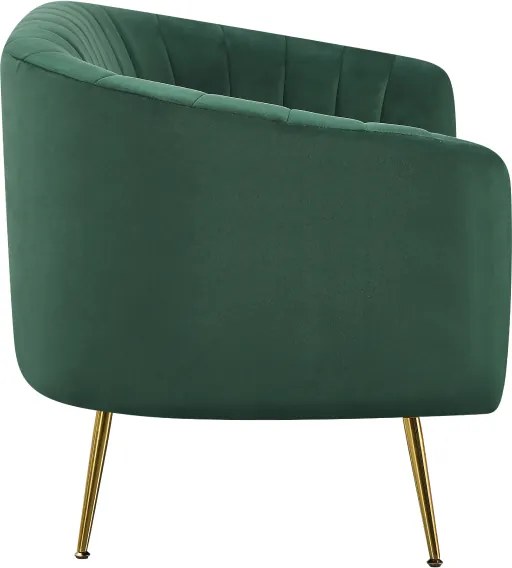 Design kétszemélyes kanapé, sötétzöld Velvet szövet/gold króm-arany, BAGY