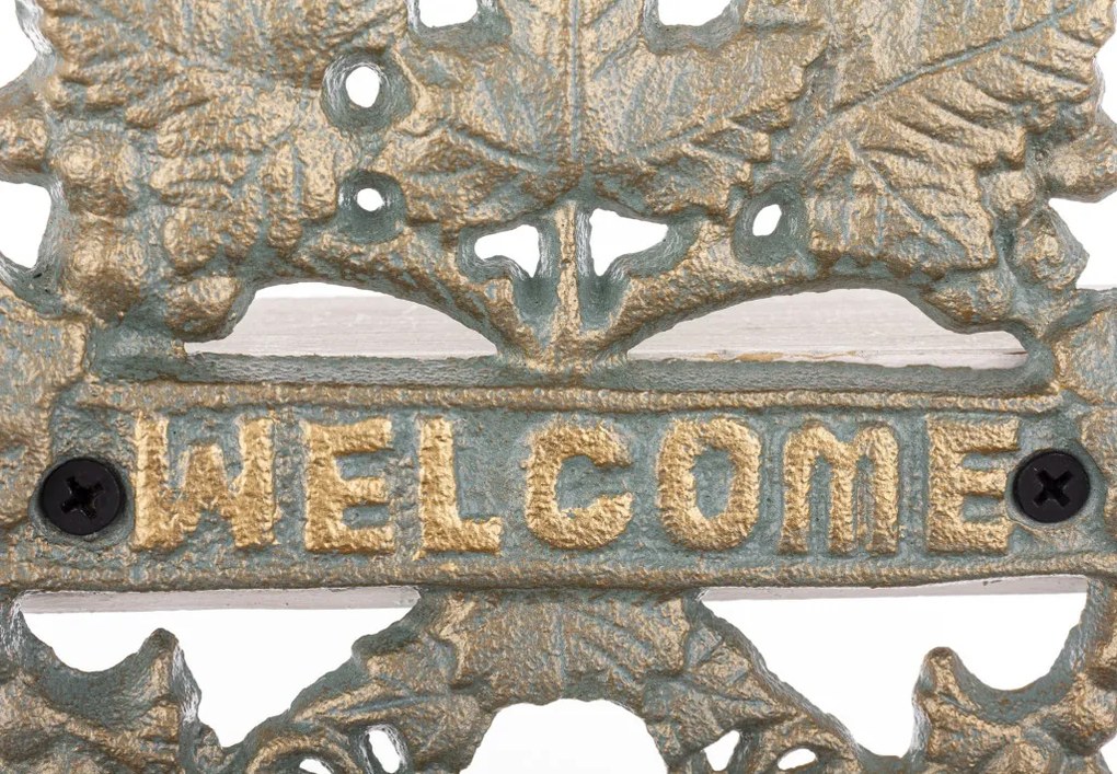 Öntöttvas patinás arany-kék kacskaringós borostyán leveles felületre szerelhető welcome tábla 17,5x19x2cm