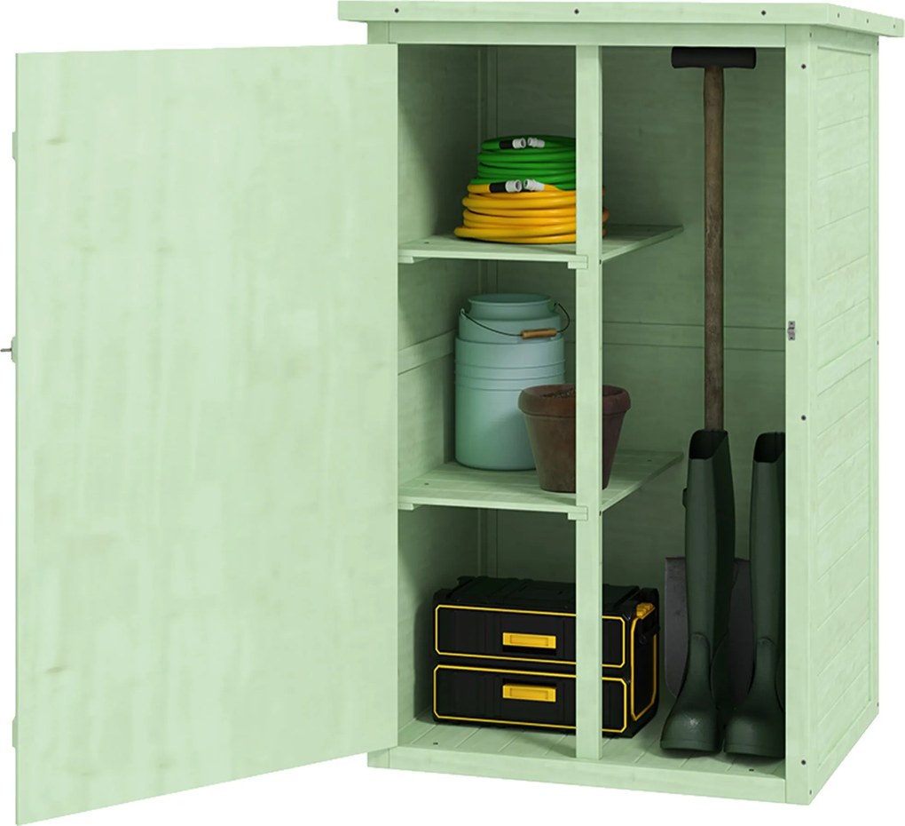 Outsunny fa kerti tároló 75 x 56 x 115 cm – 3 polc, zárható ajtó, bitumenes tető – zöld | Aosom