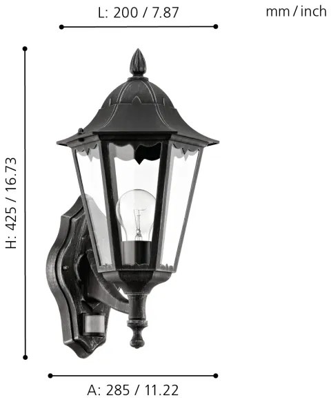 Eglo 93458 - Kültéri Fali láma érzékelővel NAVEDO 1xE27/60W/230V