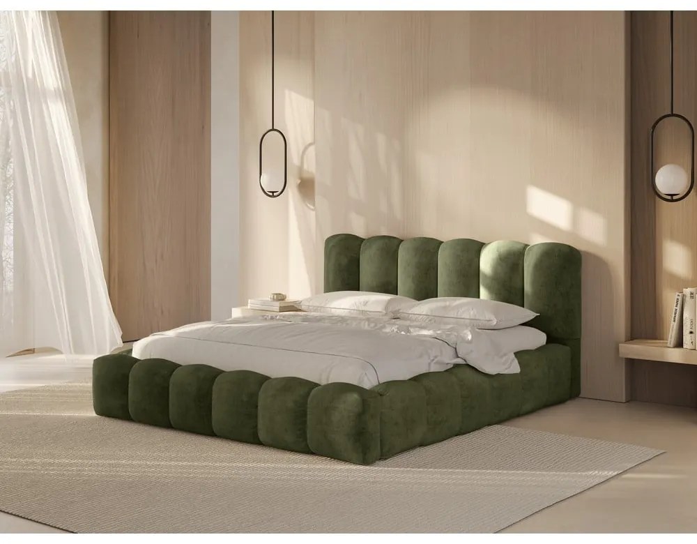 Zöld kárpitozott ágyneműtartós franciaágy ágyráccsal 180x200 cm Lupine – Micadoni Home