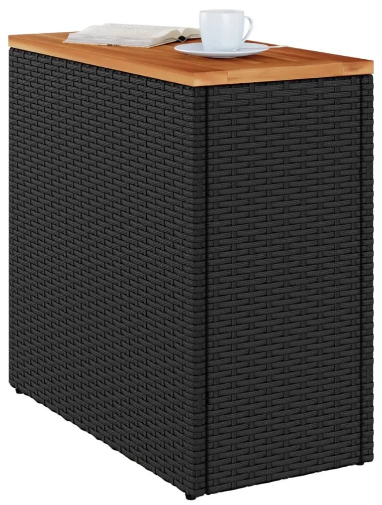 fekete polyrattan kerti kisasztal fa asztallappal 58x27,5x55 cm