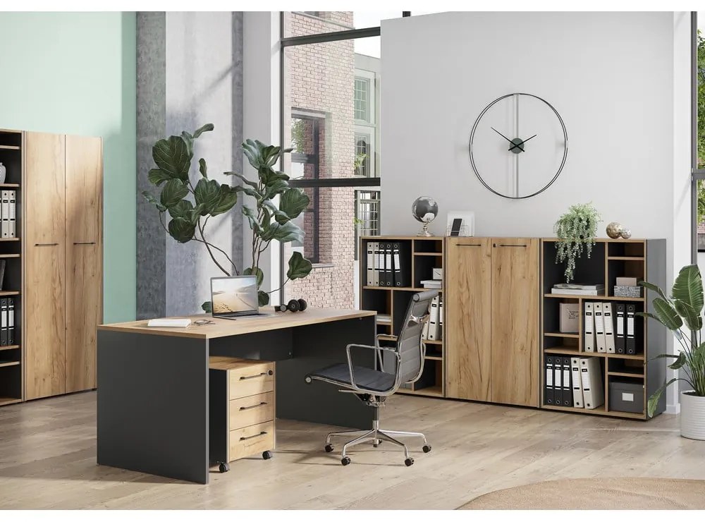 Antracitszürke-natúr színű szekrény tölgyfa dekorral 42x54x49 cm Podium – Germania