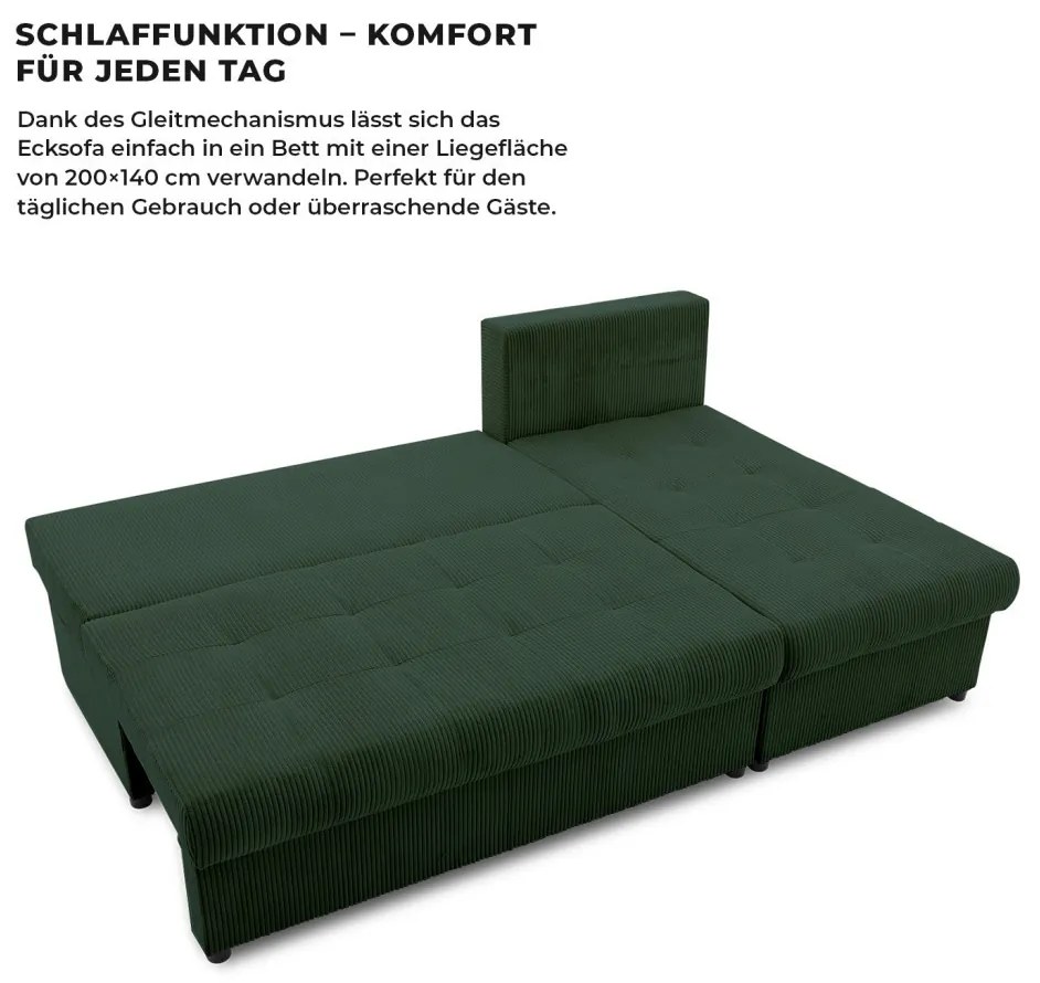 Venezia sarokkanapé, kordbársony, univerzális oldal, bonell töltet, zöld