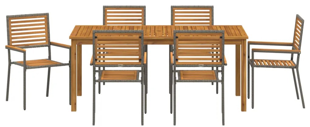 7 Részes Kerti Étkező Szett Szürke Poli Rattan Akác, Egymásra Rakható Kerti Székek Párnákkal 2 db Szürke Poli Rattan