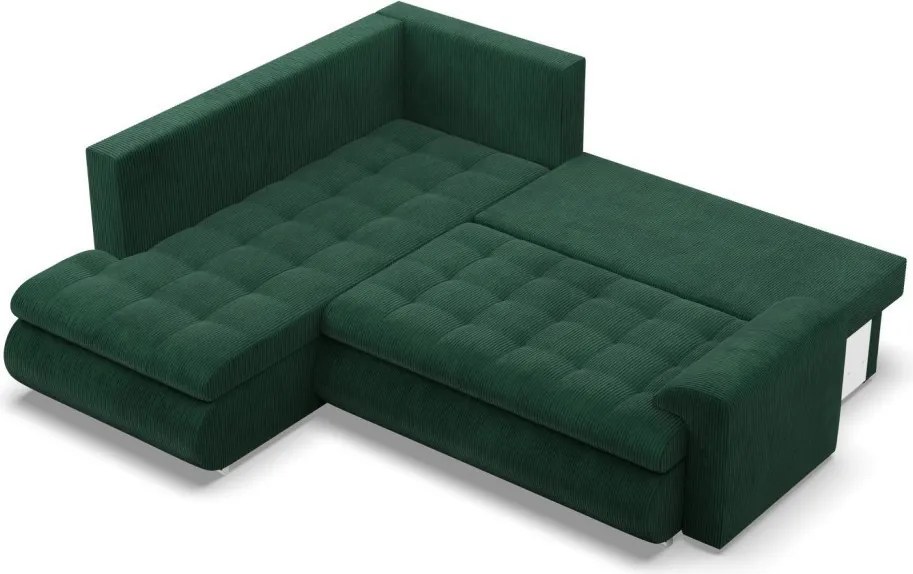 Tokio sarokkanapé, L alakú háttámlával, 2 ágyneműtartóval, kordbársony, baloldali, zöld