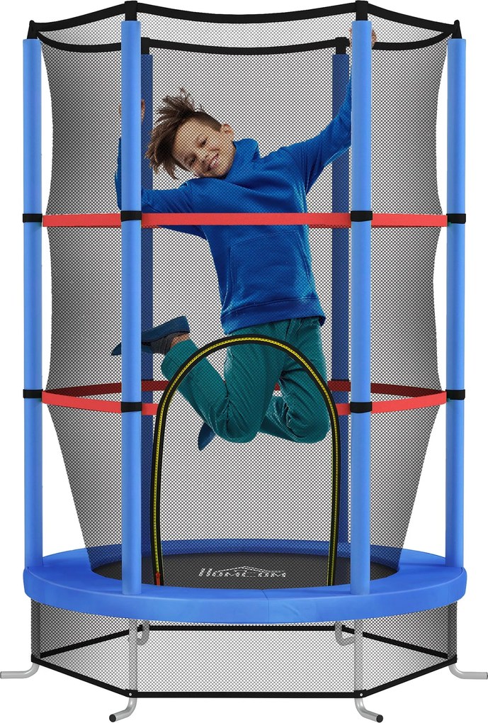 HOMCOM Gyerek Trambulin 3-6 Év között Biztonsági Hálóval, 6 Oszloppal és Bejáratokkal, PE, Műanyag és Fém Trambulin, Ø140x190 cm, Kék és Fekete | Aoso