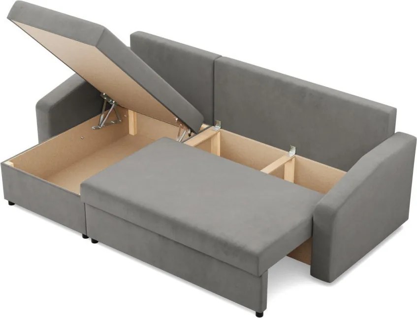 Zeus sarokkanapé, 2 ágyneműtartóval, döntött kartámasz, bársony, univerzális oldal, bonell töltet, világosszürke