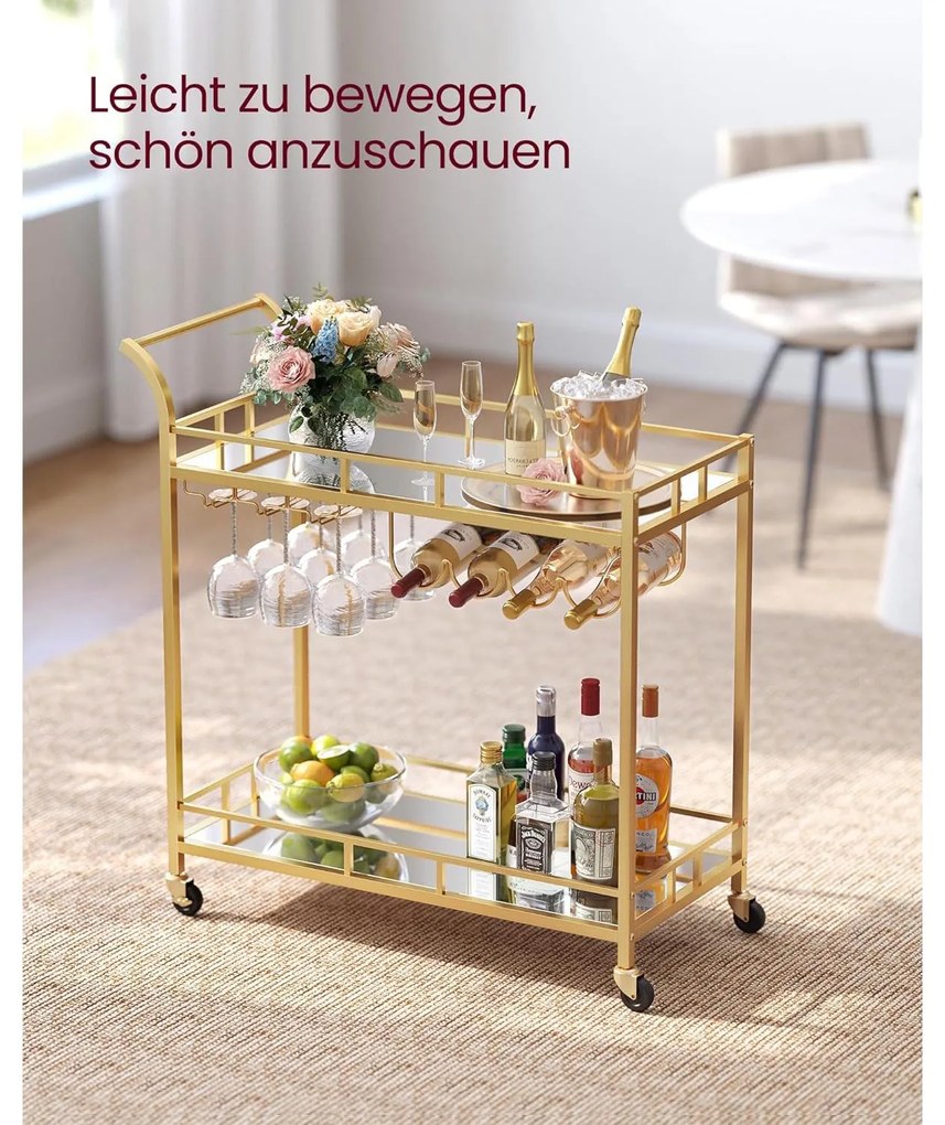 Zsúrkocsi, felszolgáló kocsi tükrös polccal 80 x 77,5 x 38 cm, arany