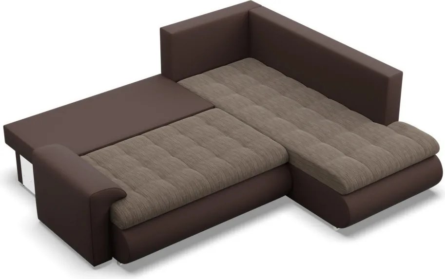 Tokio sarokkanapé, L alakú háttámlával, 2 ágyneműtartóval, fonott + műbőr, jobboldali, barna
