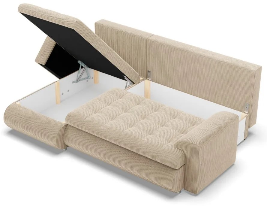 Tokio sarokkanapé, 2 ágyneműtartóval, kordbársony, baloldali, bézs