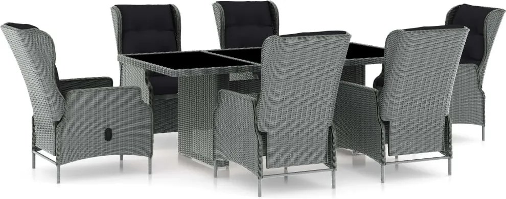 vidaXL 7 részes világosszürke polyrattan kültéri étkezőszett párnákkal