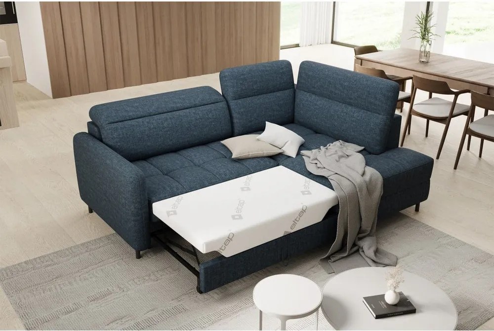 Kék bársony kinyitható-tárolóhelyes sarokkanapé (jobb oldali-L alakú) Barea – ELTAP