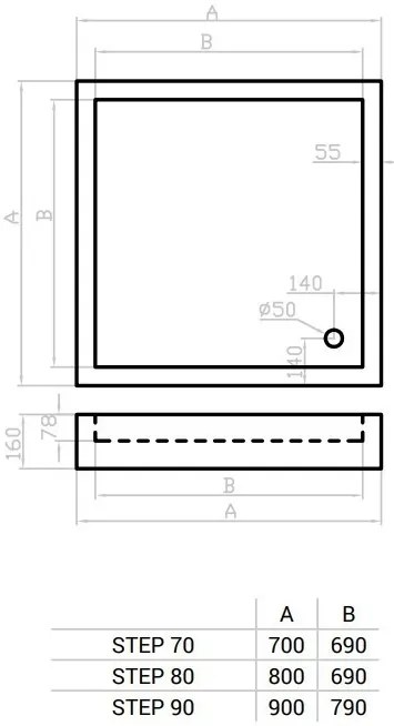 Favorit STEP zuhanytálca szögletes - szaniter akril - 90 x 90 cm