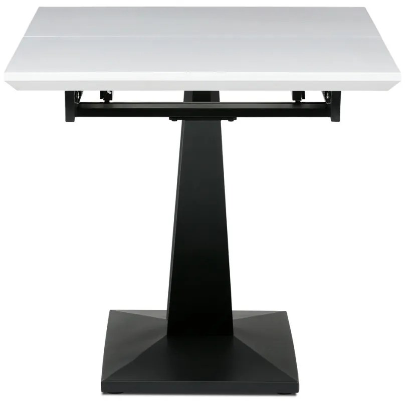 Masă de sufragerie, 140+40x85, cu blat MDF alb mat, picioare metalice negre.